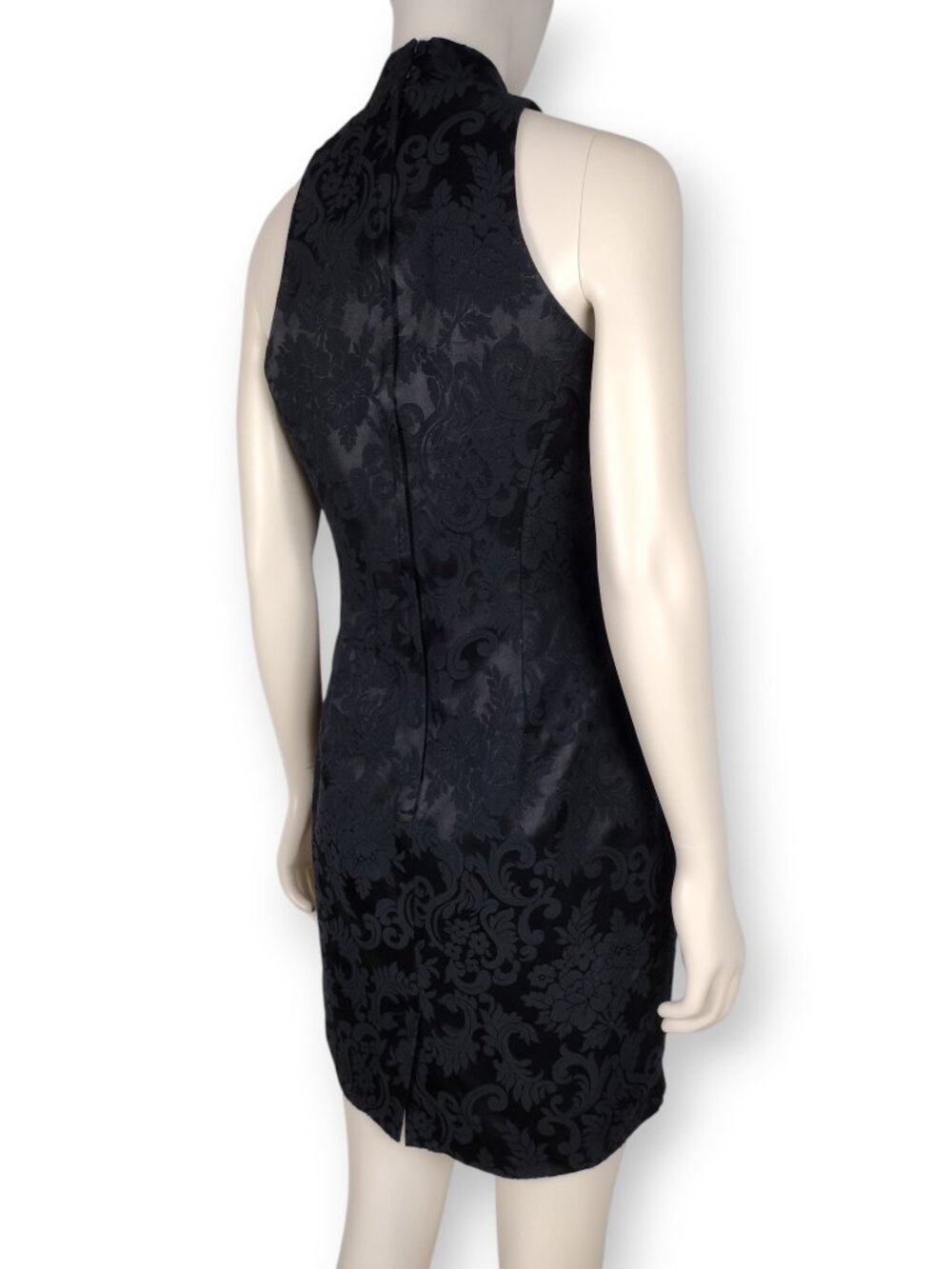 Vintage 90s Jessica McClintock Black Brocade Mini Sheath Choker Halter Dress - Picture 7 of 13
